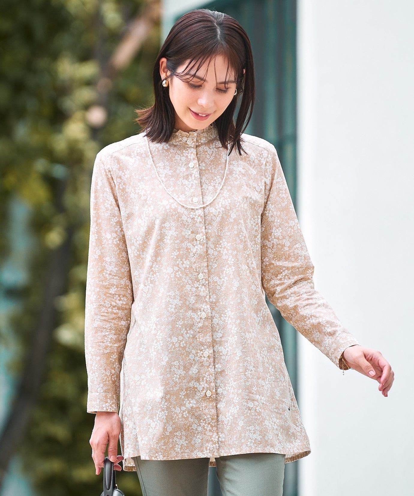 レディース フリルカラー 小花柄 チュニック【オンラインショップ限定