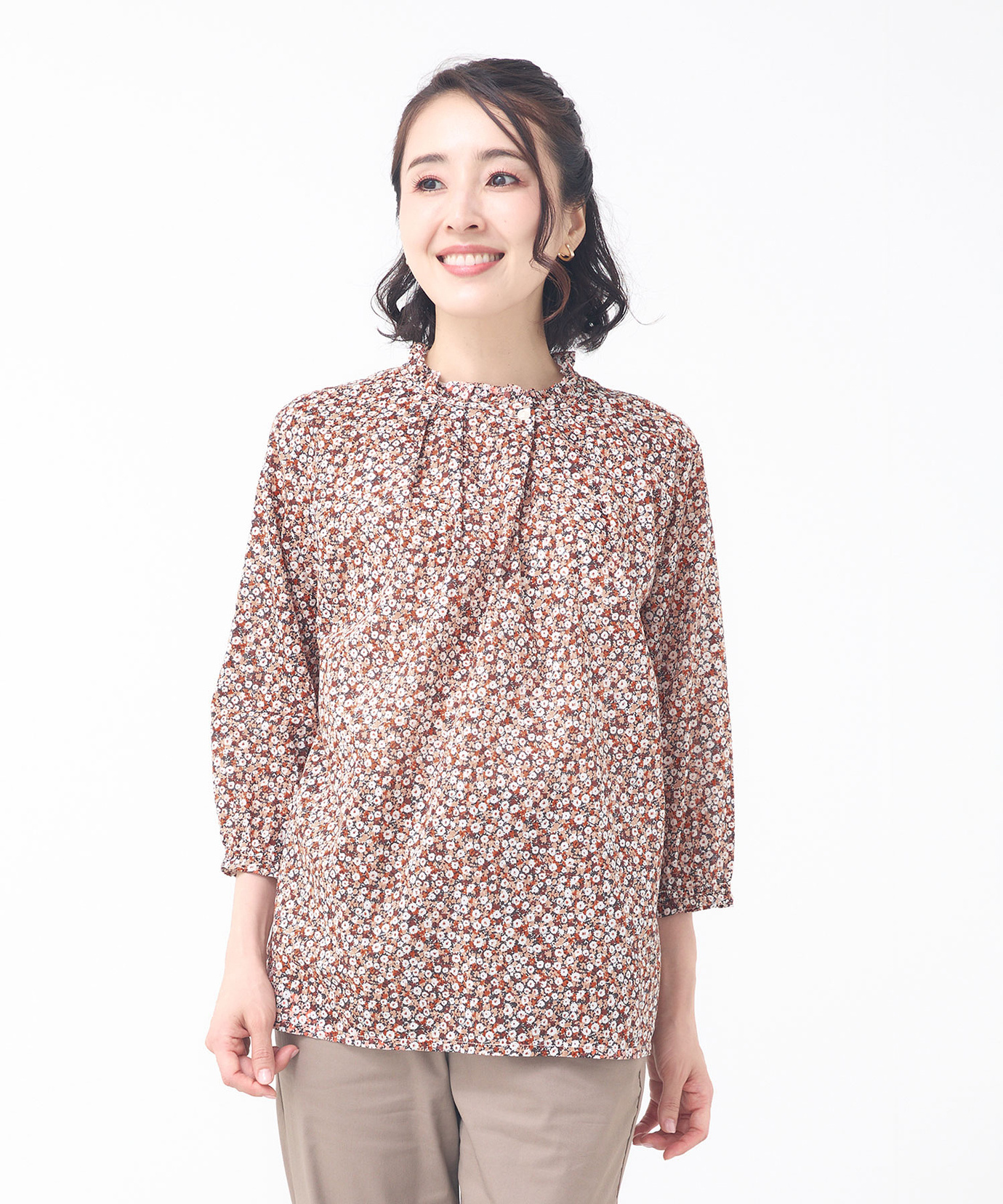 レディース 小花柄プリント 七分袖 ギャザーブラウス 【JAPAN FABRIC