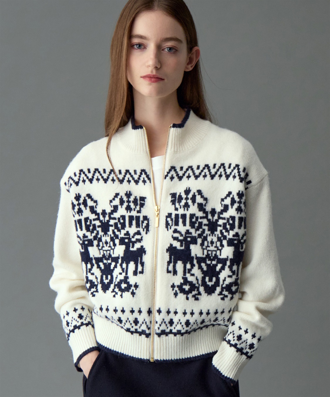 ジャカードジップアップニットカーディガン 49AV JUNKO SHIMADA