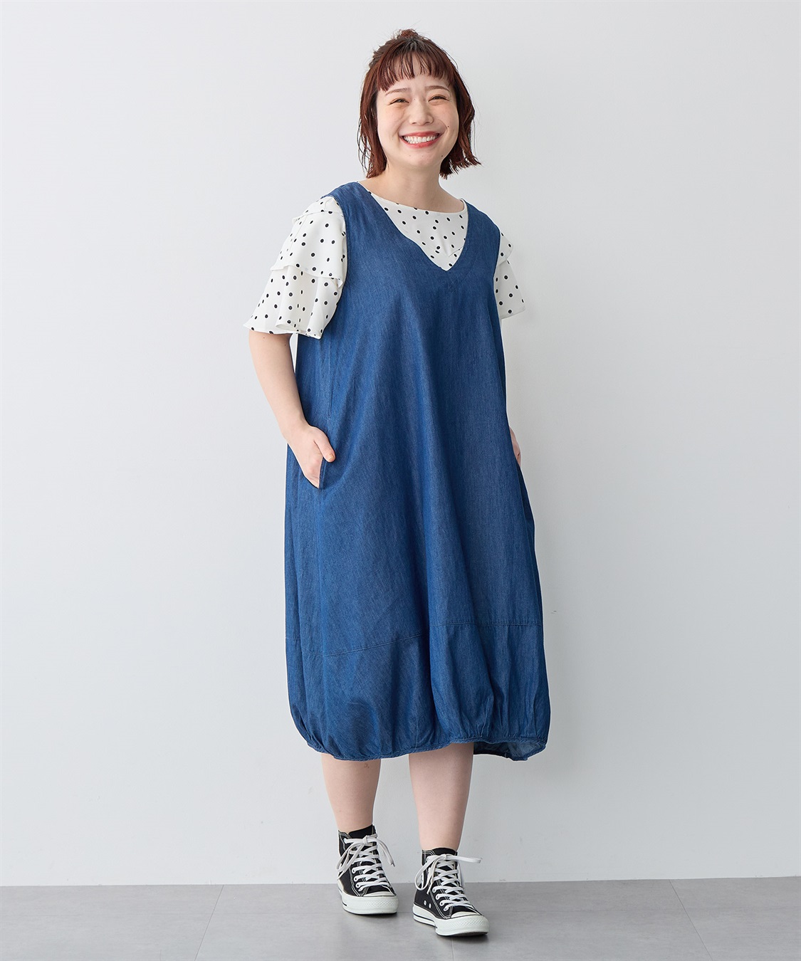 anyfee/プラスサイズ】Vネックデニムバルーンワンピース anyfee
