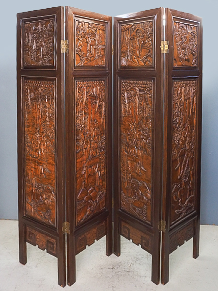 唐物 中国风の骨董品木屏風　年代不詳、骨董品　入手困難　割引相談可2 中国家具<br>木彫<br>4枚折屏風 | アンティーク山本商店