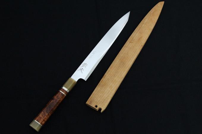 切付包丁 九寸 積層鋼 上下水牛 銀巻花梨瘤八角柄 白鞘付 λA498-2L3C