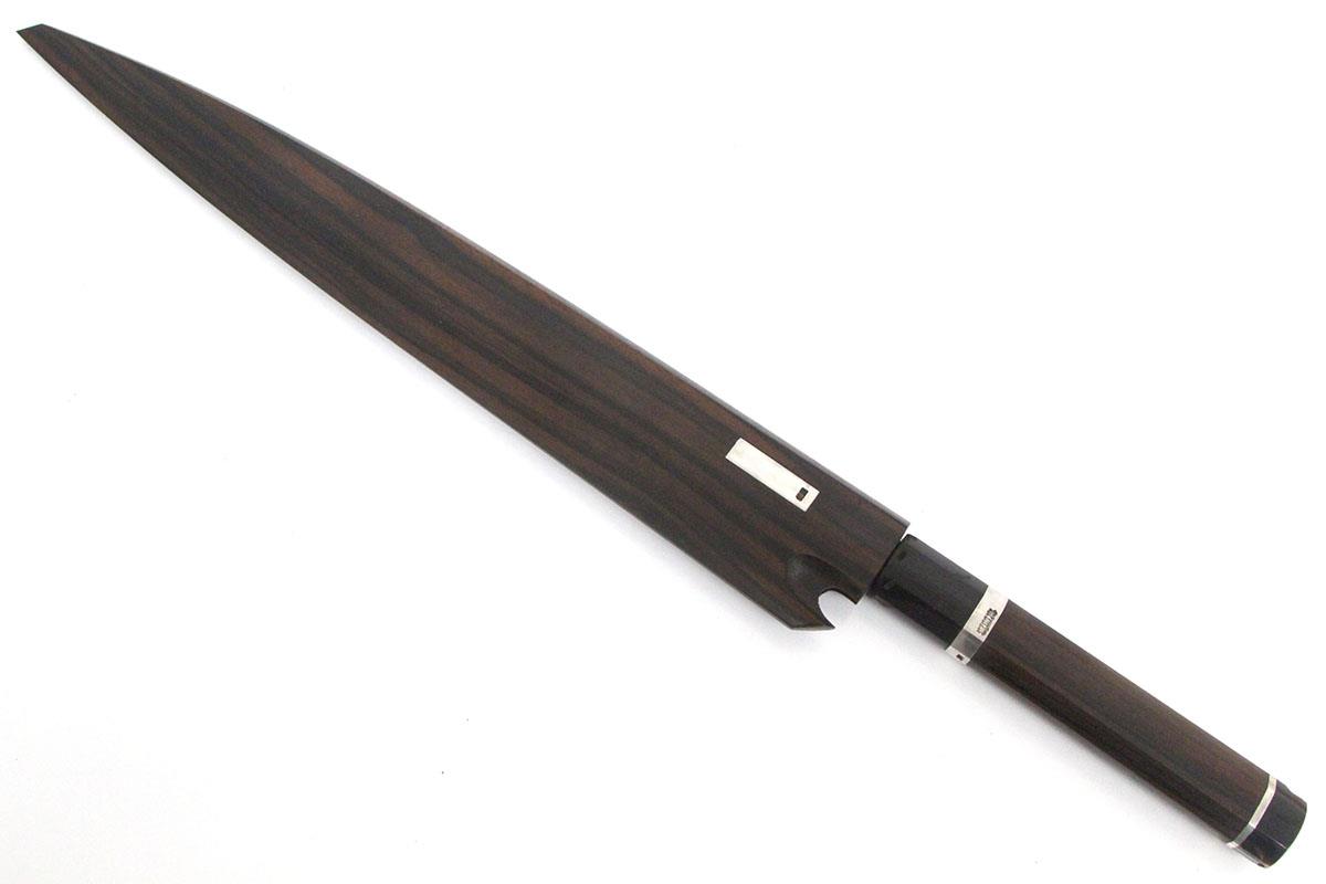 柳刃包丁 本焼 尺一 水野鍛錬所 源昭忠 銀二巻 黒檀柄 黒檀鞘・桐箱付