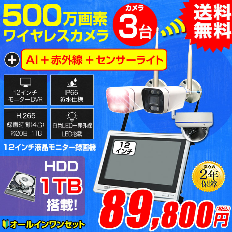 防犯カメラ カメラ3台セット 屋外 録画機能付き AI人体検知 人感