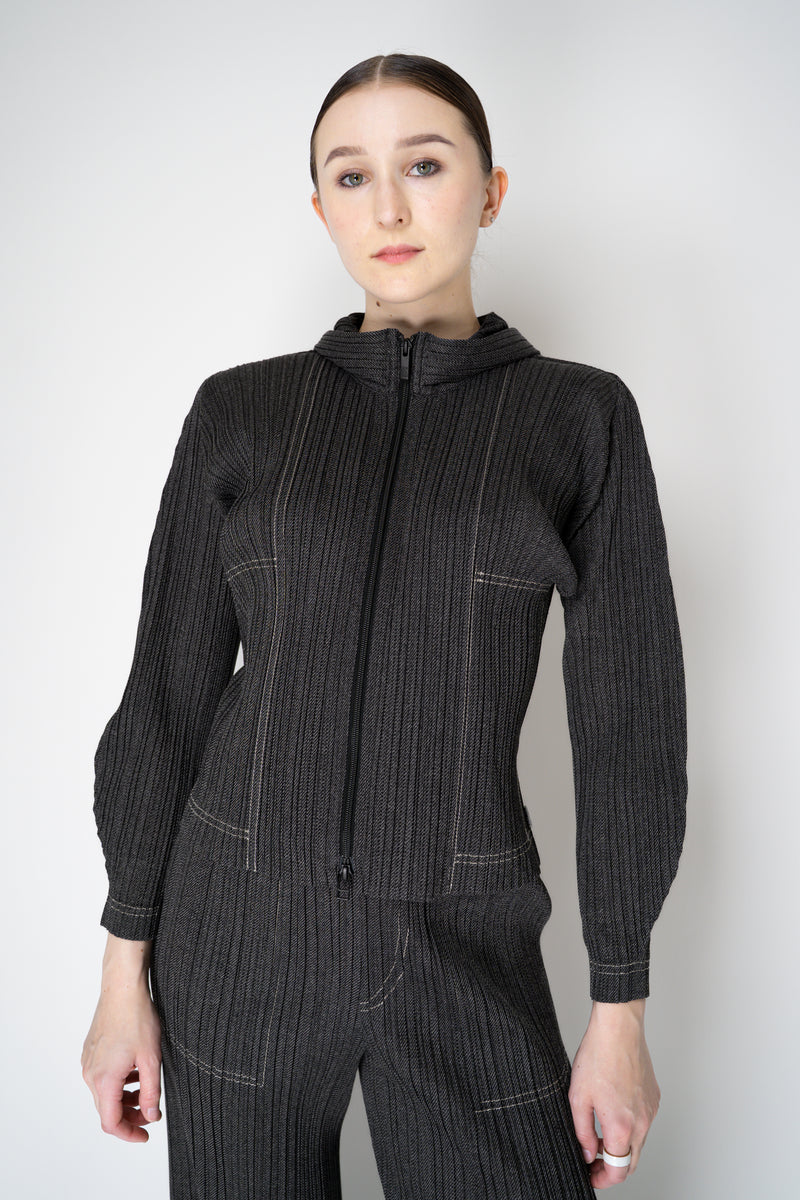 Pleats Please Issey Miyake Cotton Denim Cropped Zip Jacket in Dark