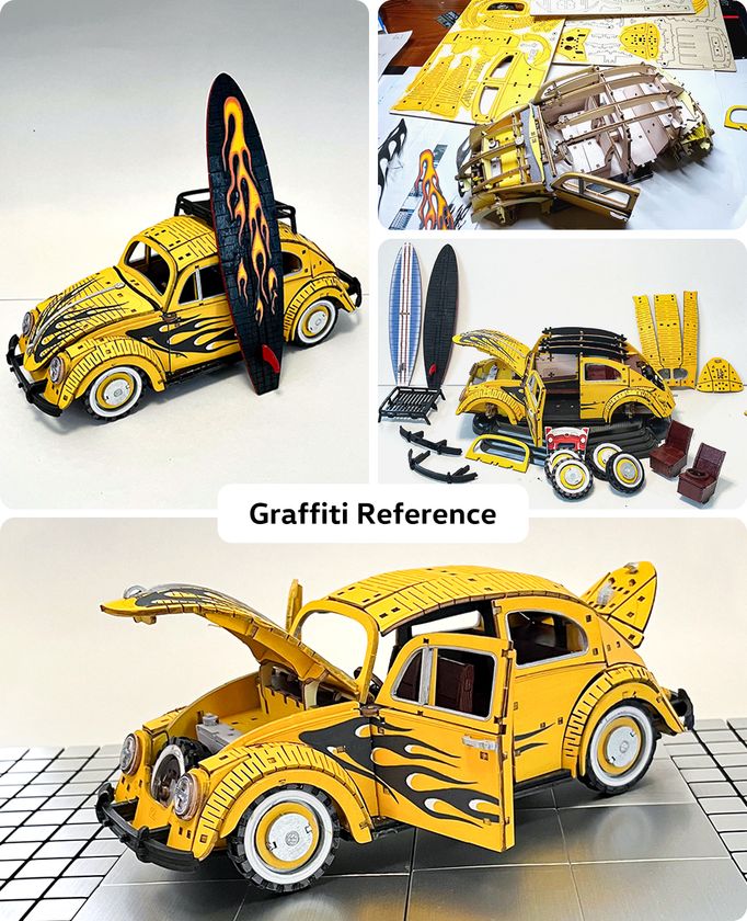 第一弾ではMakuakeにて目標金額679％を達成！ VWビートルの木製立体