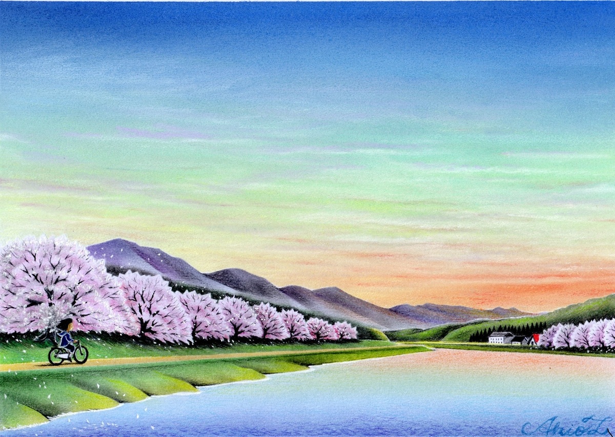 水彩画 河のある風景 2022年 フレーム付き 原画 水彩画 河のある風景