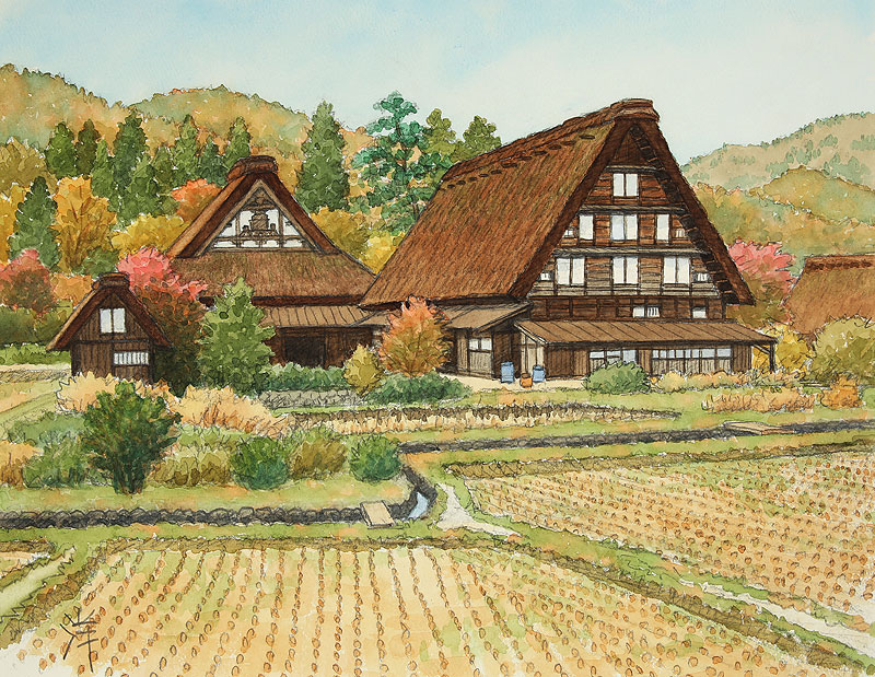白川郷の明善寺イラスト・秋（岐阜県白川村）