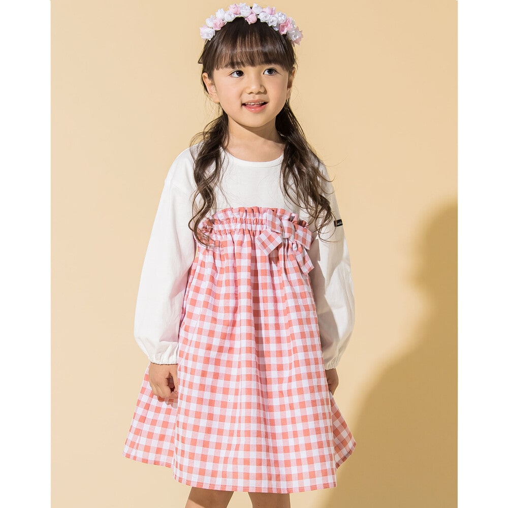 お揃い 】 ウエスト リボン 付き ドッキング チェック ワンピース (80