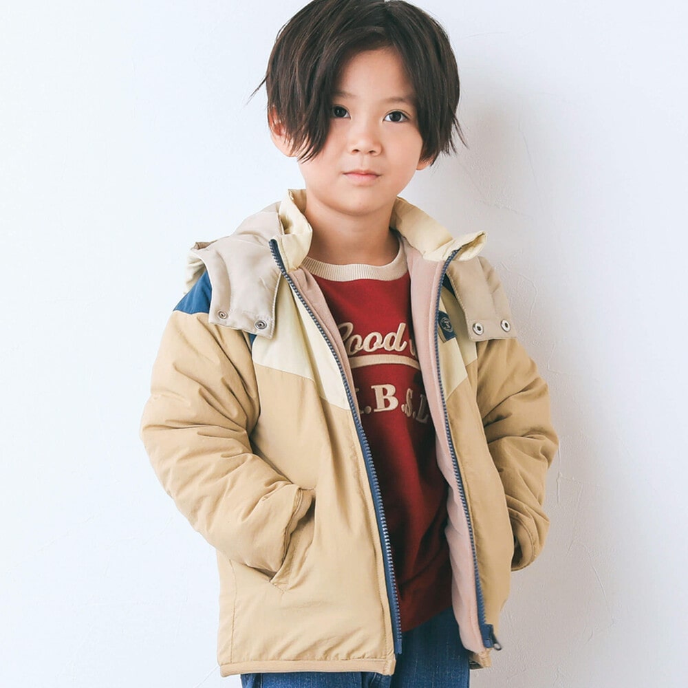 ワッペン付き配色切り替え中わたジャケット(90~130cm)(90cm ベージュ系