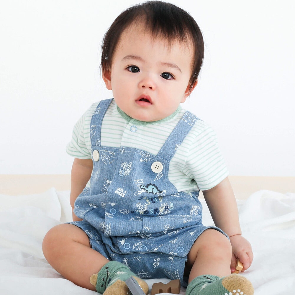 お揃い】無地総柄サロペット風半袖ロンパースベビー(60~80cm)(60cm