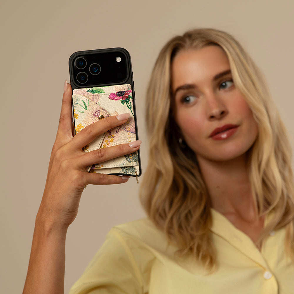 Lily Side Slot Leather Crossbody Bandolier - Ceci Ivory Floral/Gold