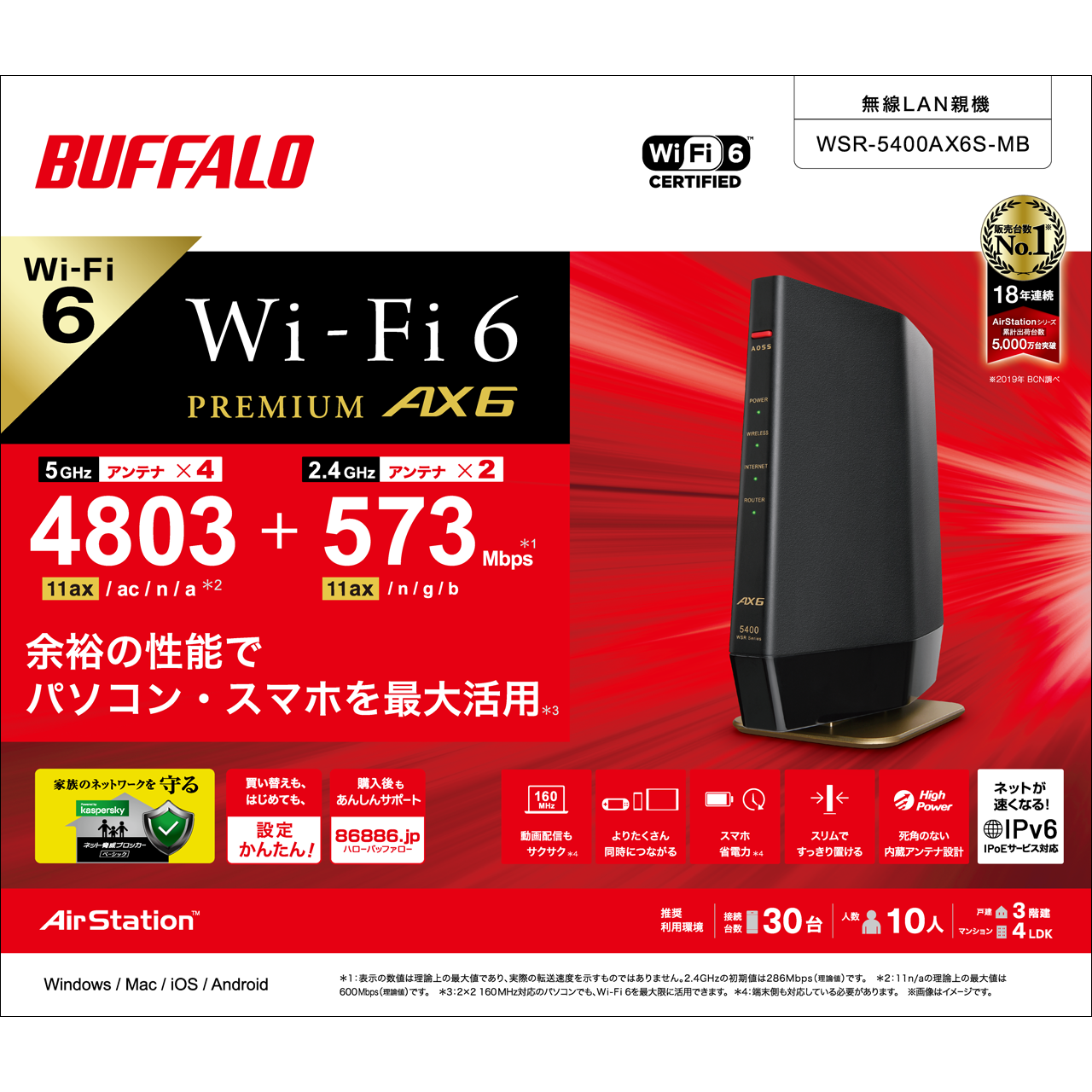 Wi-Fi EasyMesh™」に対応したWi-Fi 6（11ax）ルーター「WSR-5400AX6S