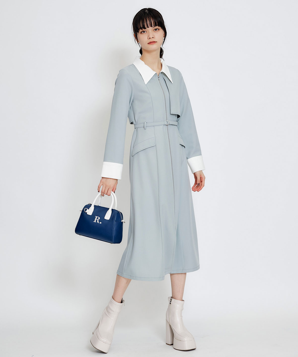 フロントZIPバイカラーロングシャツワンピース(S サックス): REDYAZEL