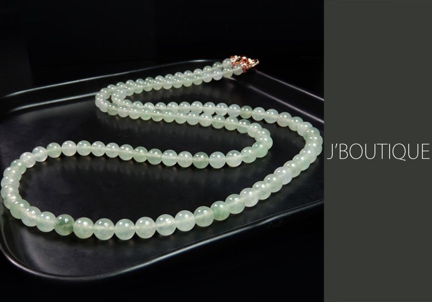 ミャンマー産天然無処理翡翠 ビーズ ネックレス 薄青緑 冰