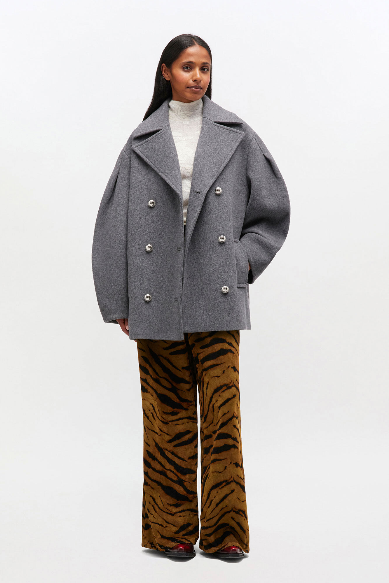 Pewter Grey Wool Oversized Midi Peacoat | GANNI US