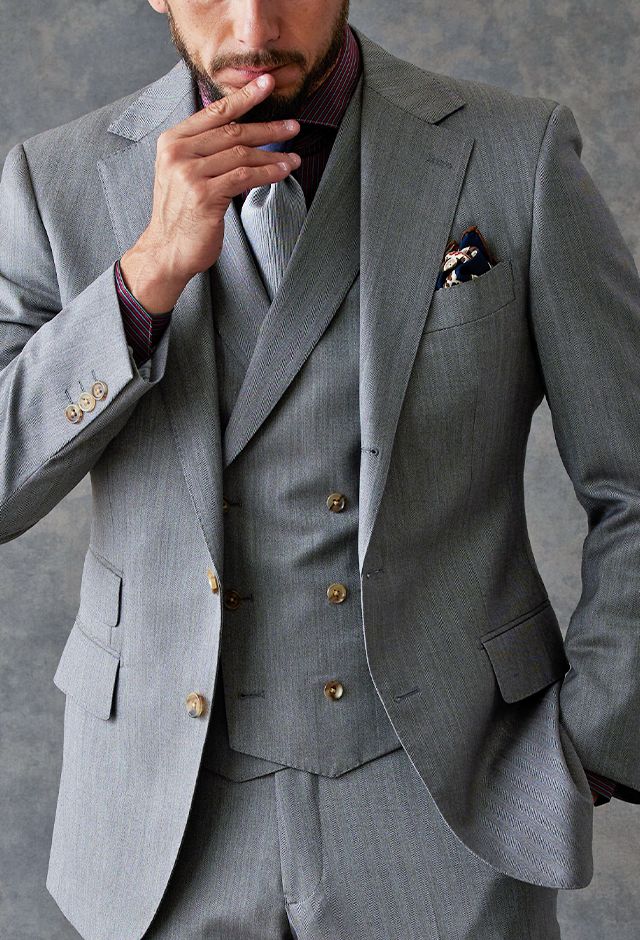 グレースーツ・ヘリンボーンのコーディネート（Cloth Ermenegildo