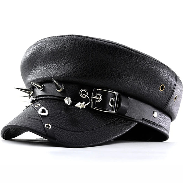 Cyberpunk Black Leather Sailor Cap | Breton, Fiddler, Military Hat