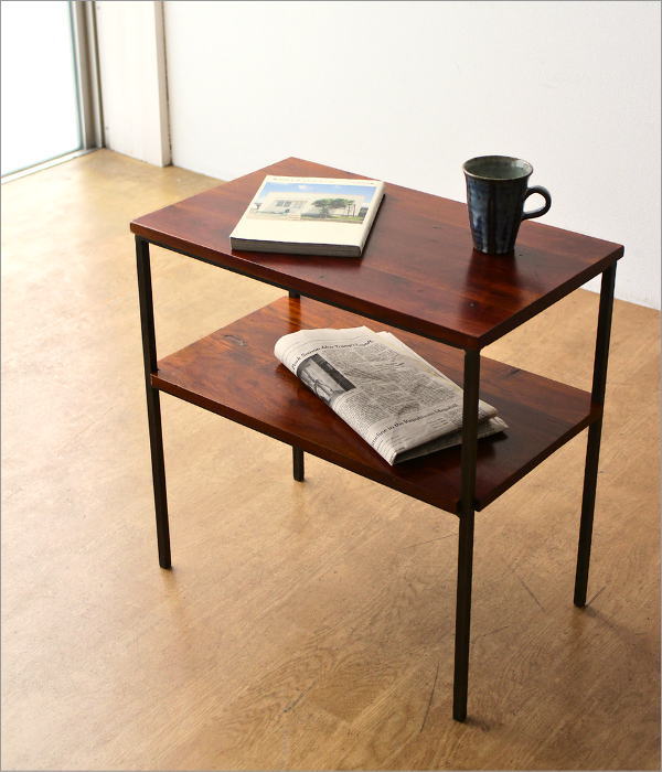 サイドテーブル 木製 アイアン 棚付き 天然木 無垢材 鉄脚 アカシア