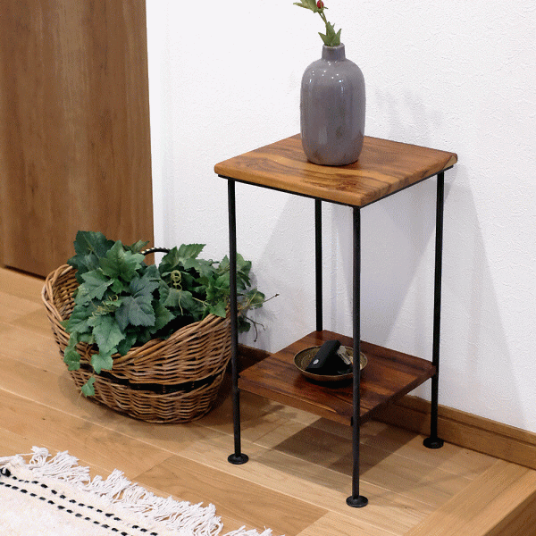 希少】サイドテーブル 花台 木製 ラタン天板 アジアン家具