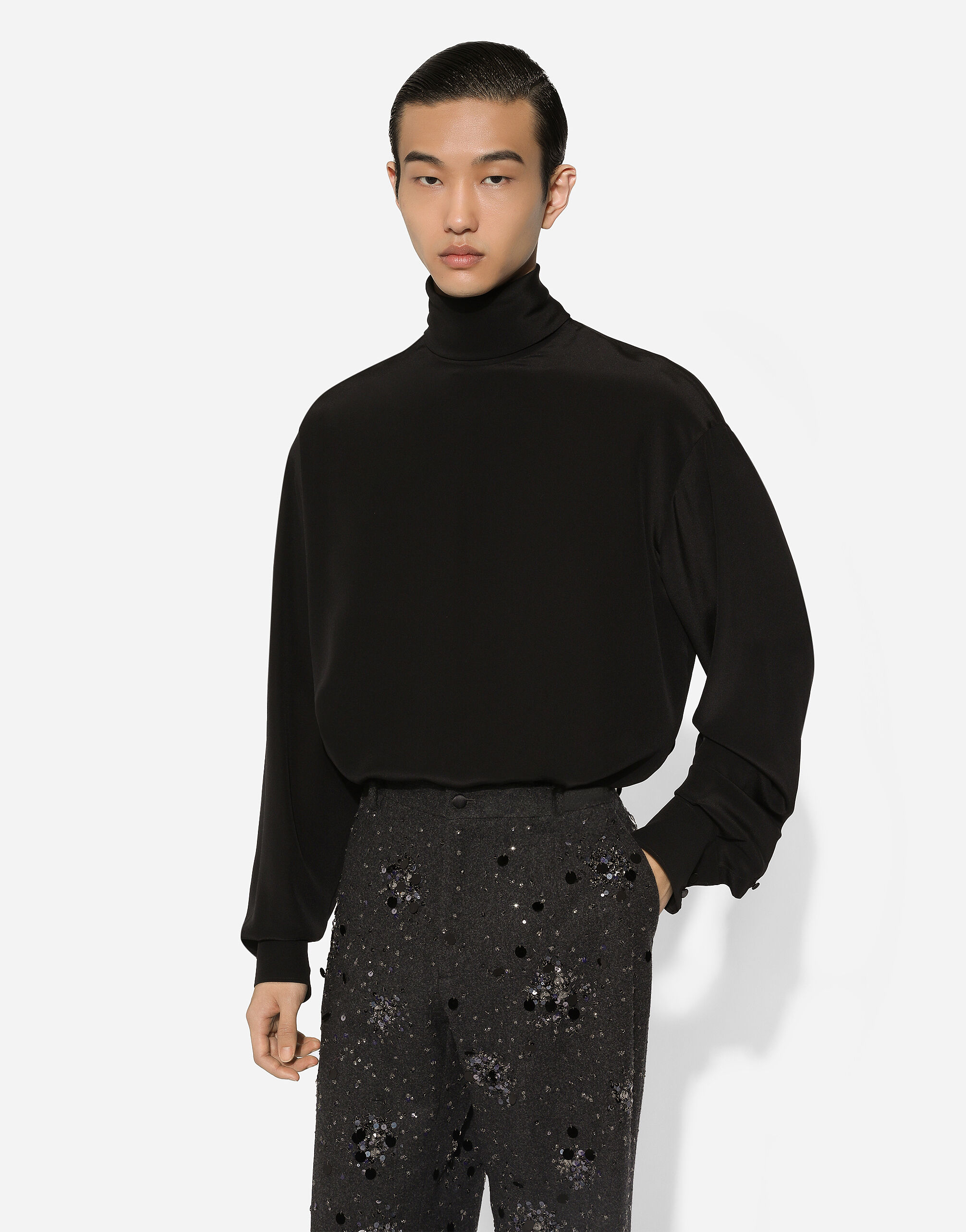 Loose silk turtleneck with shirt cuffs in Black for Men