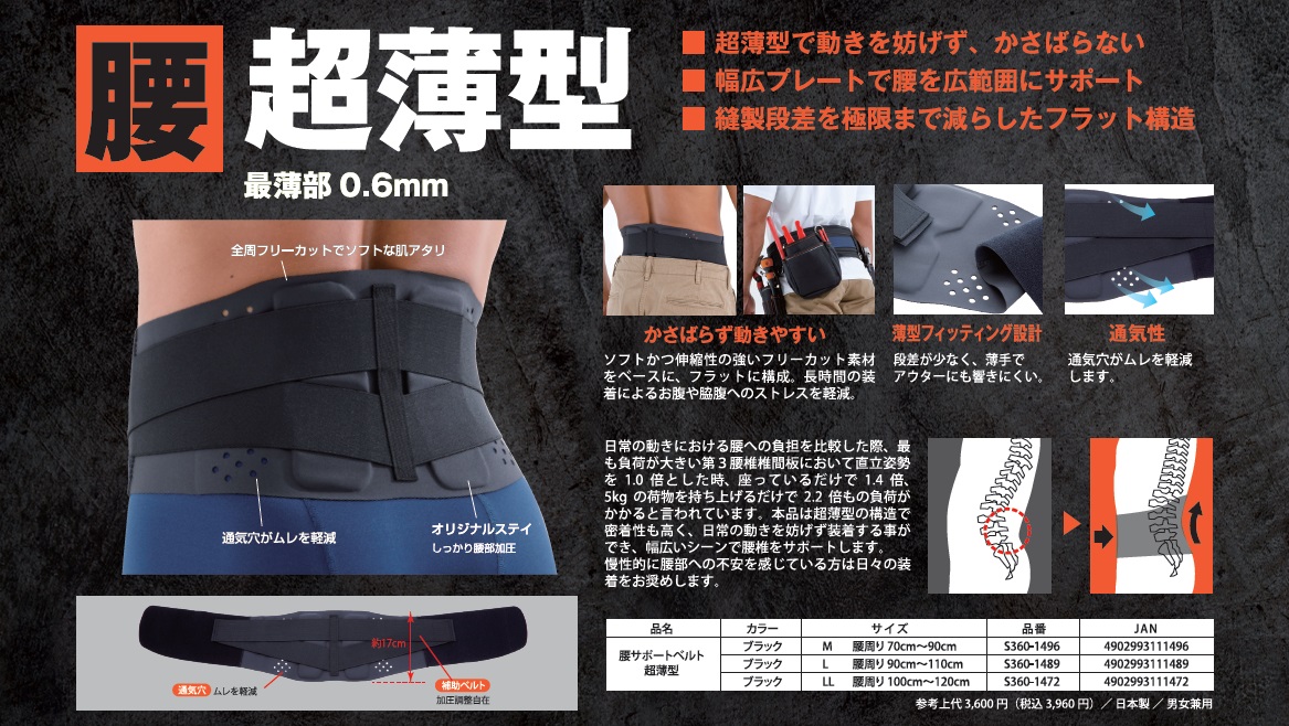 腰サポートベルト 超薄型 SMG サポーター L ブラック | ホームセンター