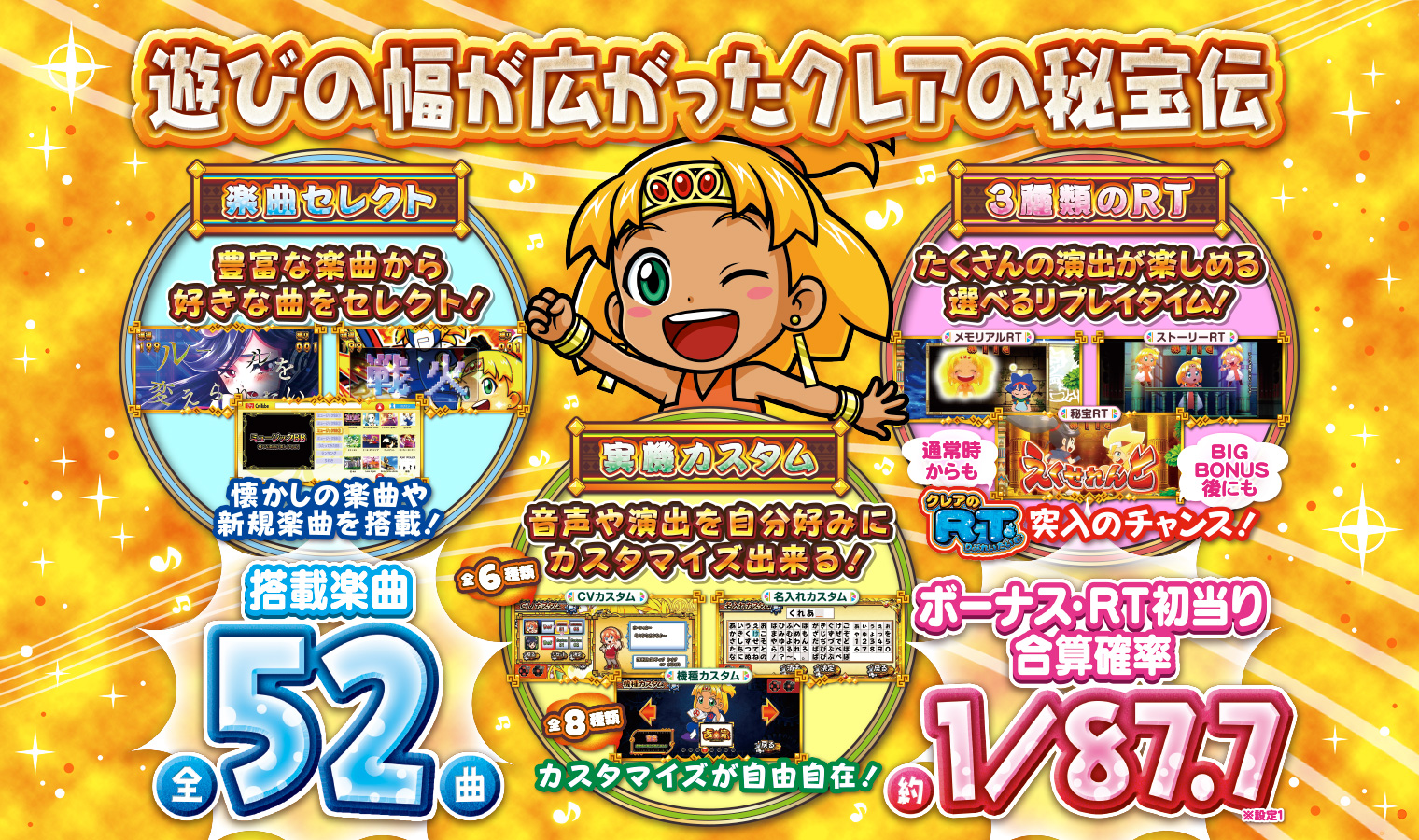 特徴｜大都技研スロット「もっと！クレアの秘宝伝 女神の歌声と太陽の