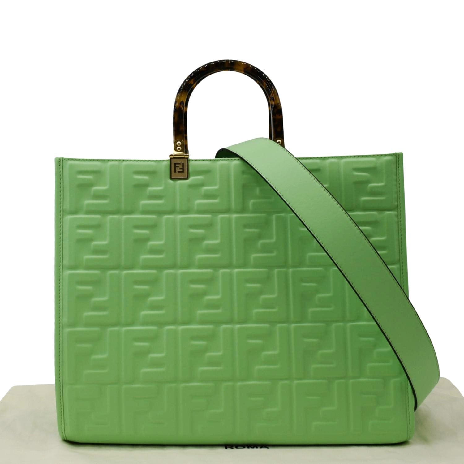 FENDI Sunshine Medium Embossed Leather Shopper Tote Bag Green