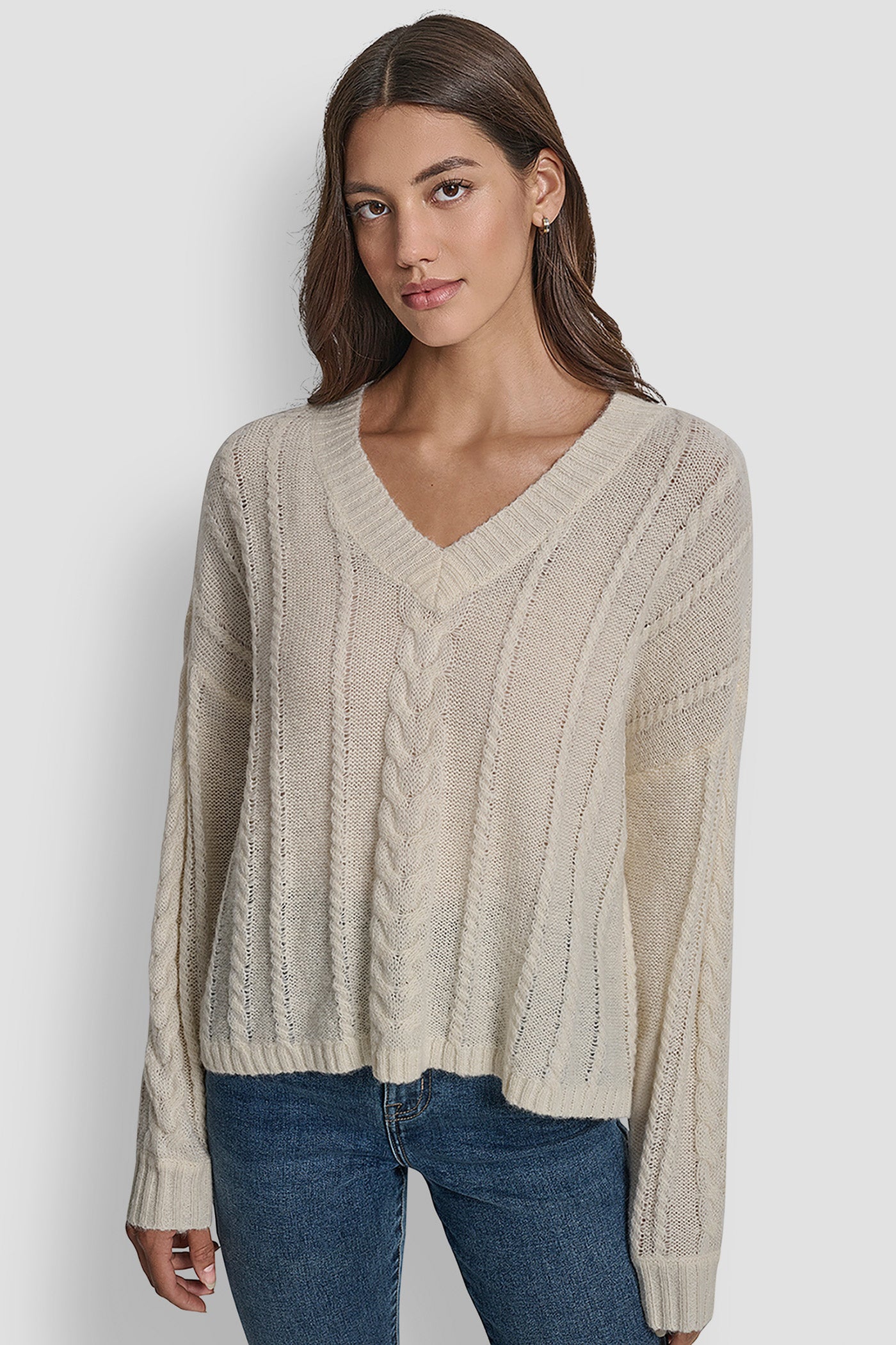 Mohair Like Cable V Neck Sweater | Sweater | DKNY