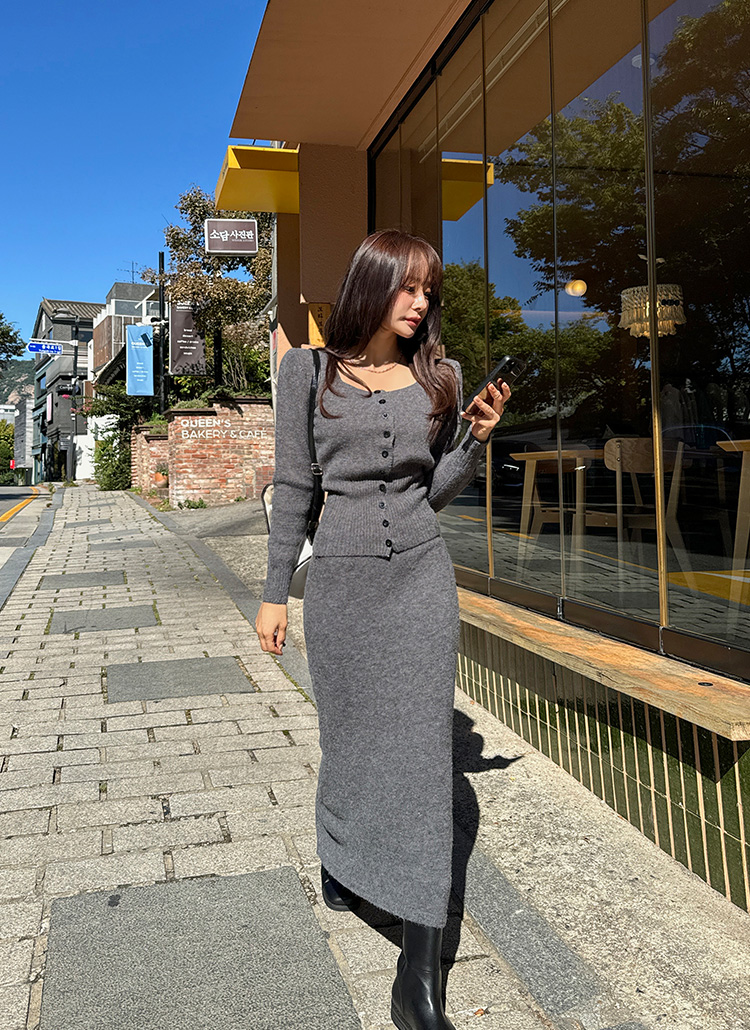 スクエアネックカーディガン&ニットスカートSET | レディース