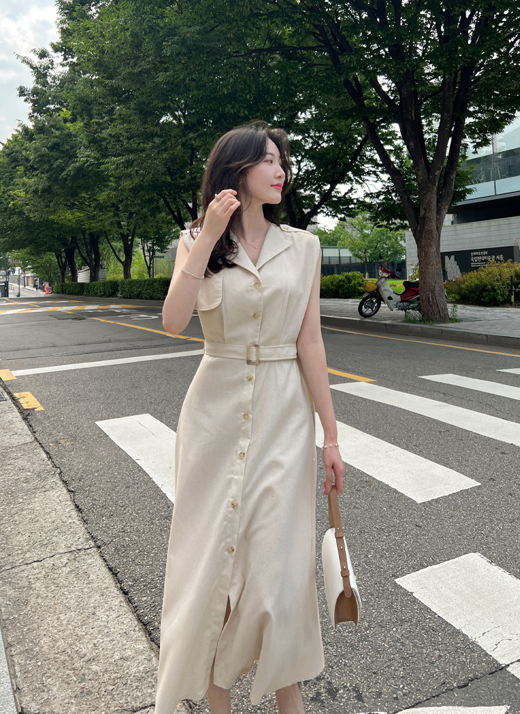 ベルト付カラーネックノースリーブワンピース | レディース