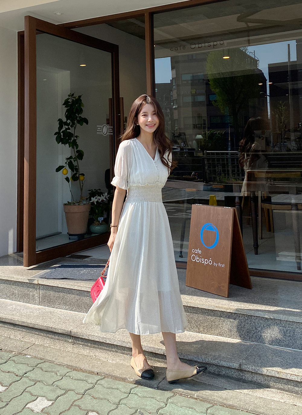 Vネックシャーリングドットワンピース | レディースファッション通販