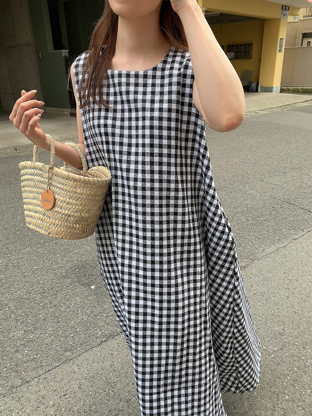 ギンガムチェックノースリーブワンピース | レディースファッション