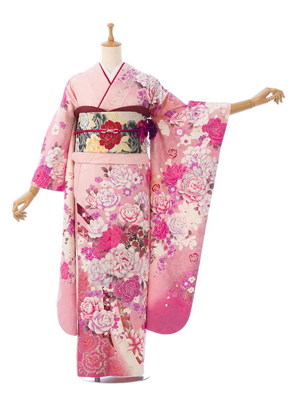 比翼付き 振袖 藤×雲取り 花車 金彩 ピンク×藤色 身丈155 裄64 翼付き