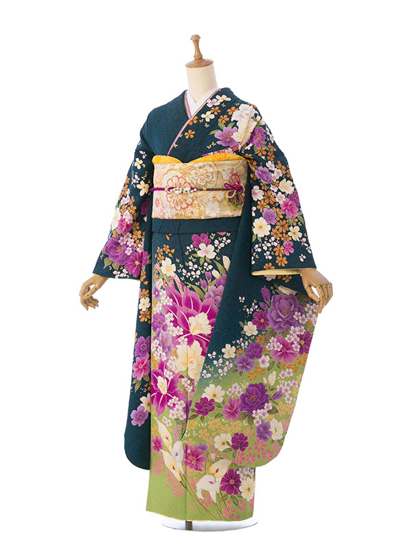 振袖|緑系|百合|対応身長:158-168cm|ｻｲｽﾞ:7号-13号 |6S019｜全国宅配可