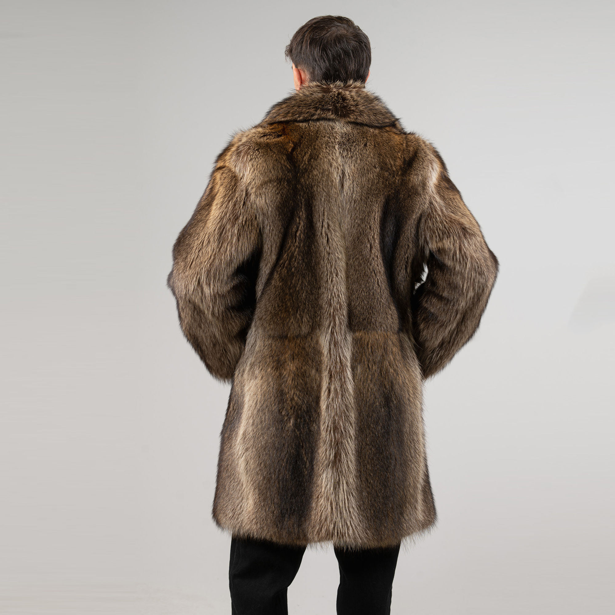 Raccoon fur coat with a collar in beige shade | eFurs