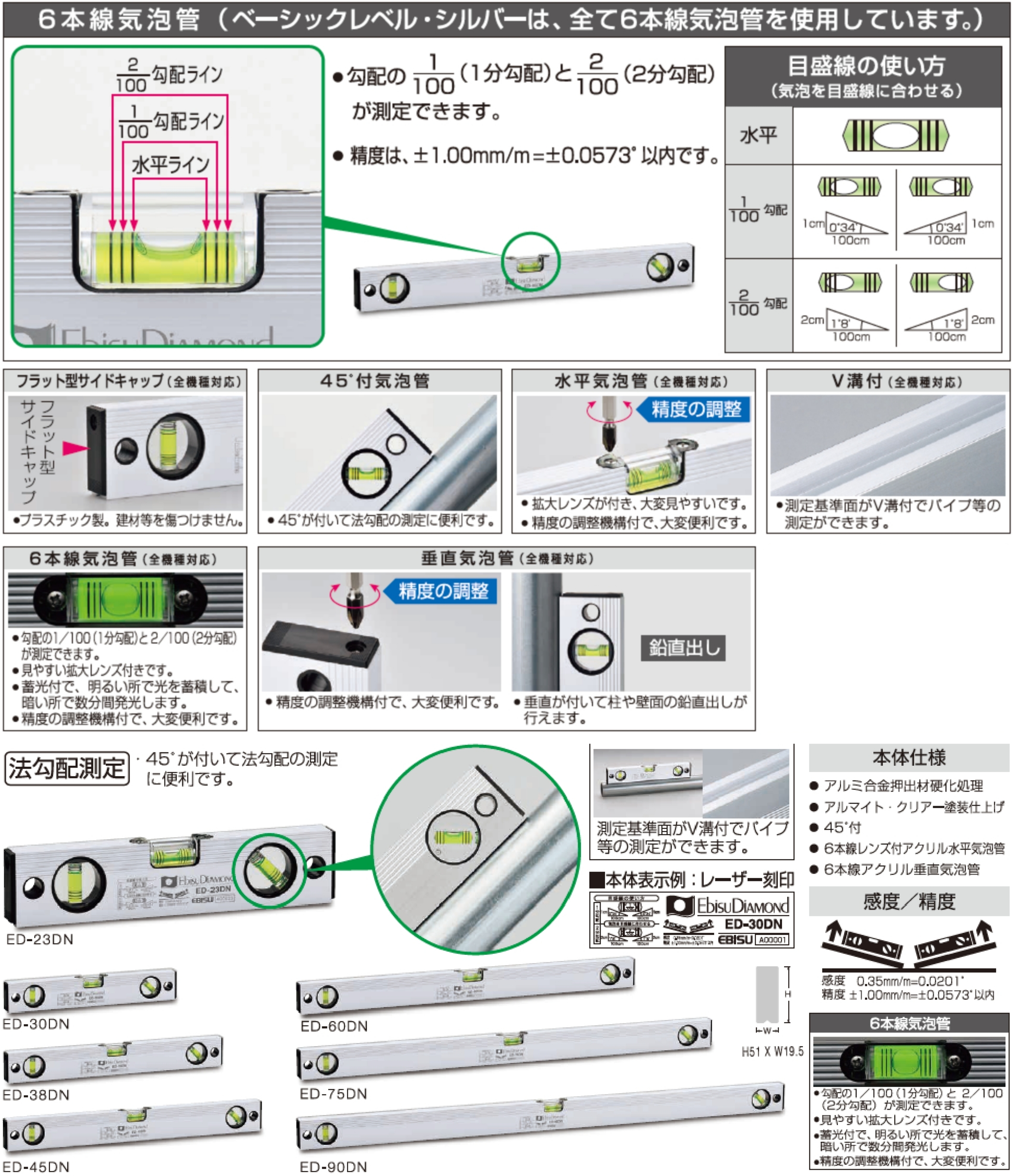 45°付ベーシックレベル・シルバー｜ベーシックレベル水平器・水準器