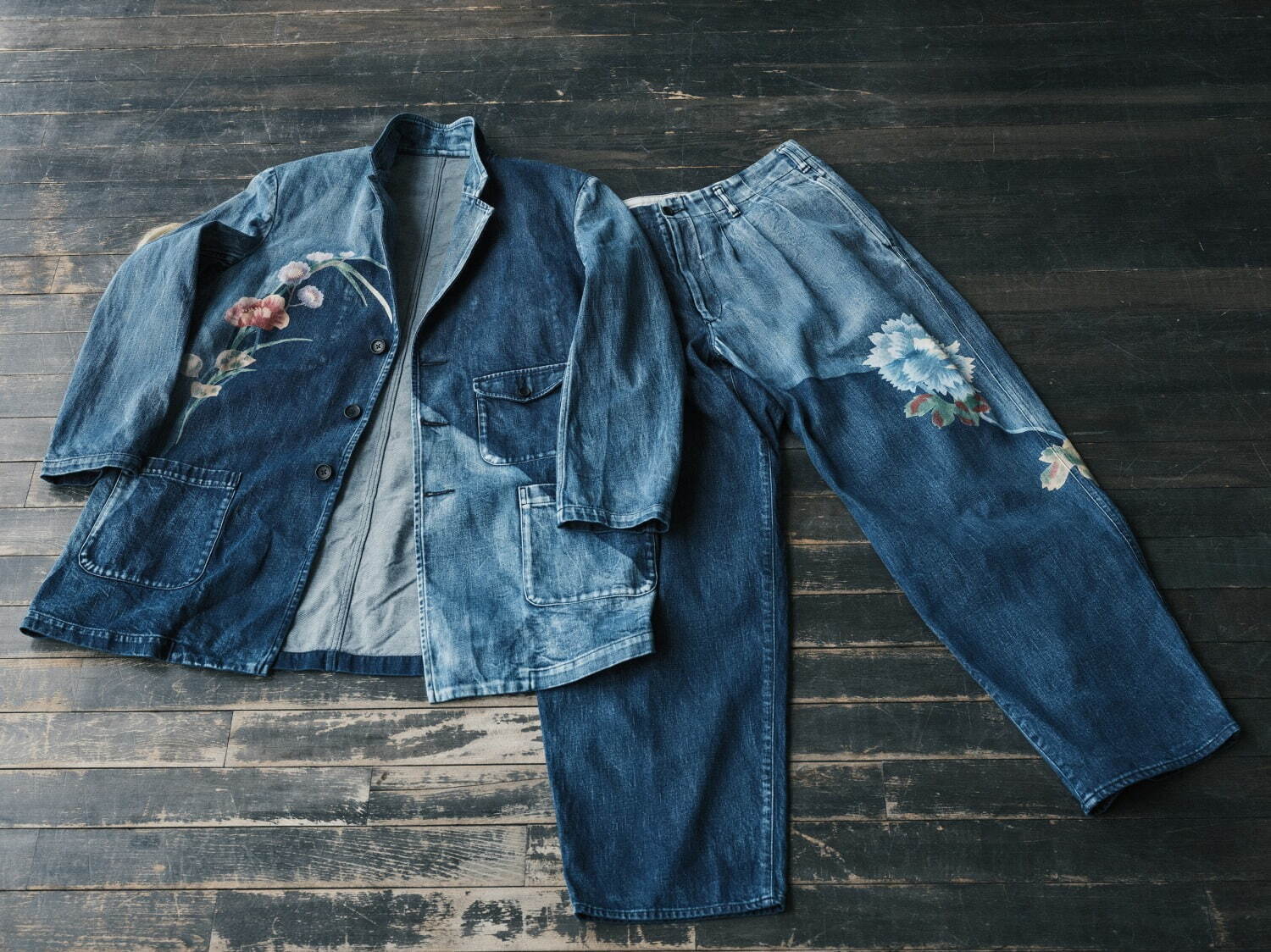 ヨウジヤマモト“友禅染めデニム”ジャケット＆タックパンツ、京友禅の