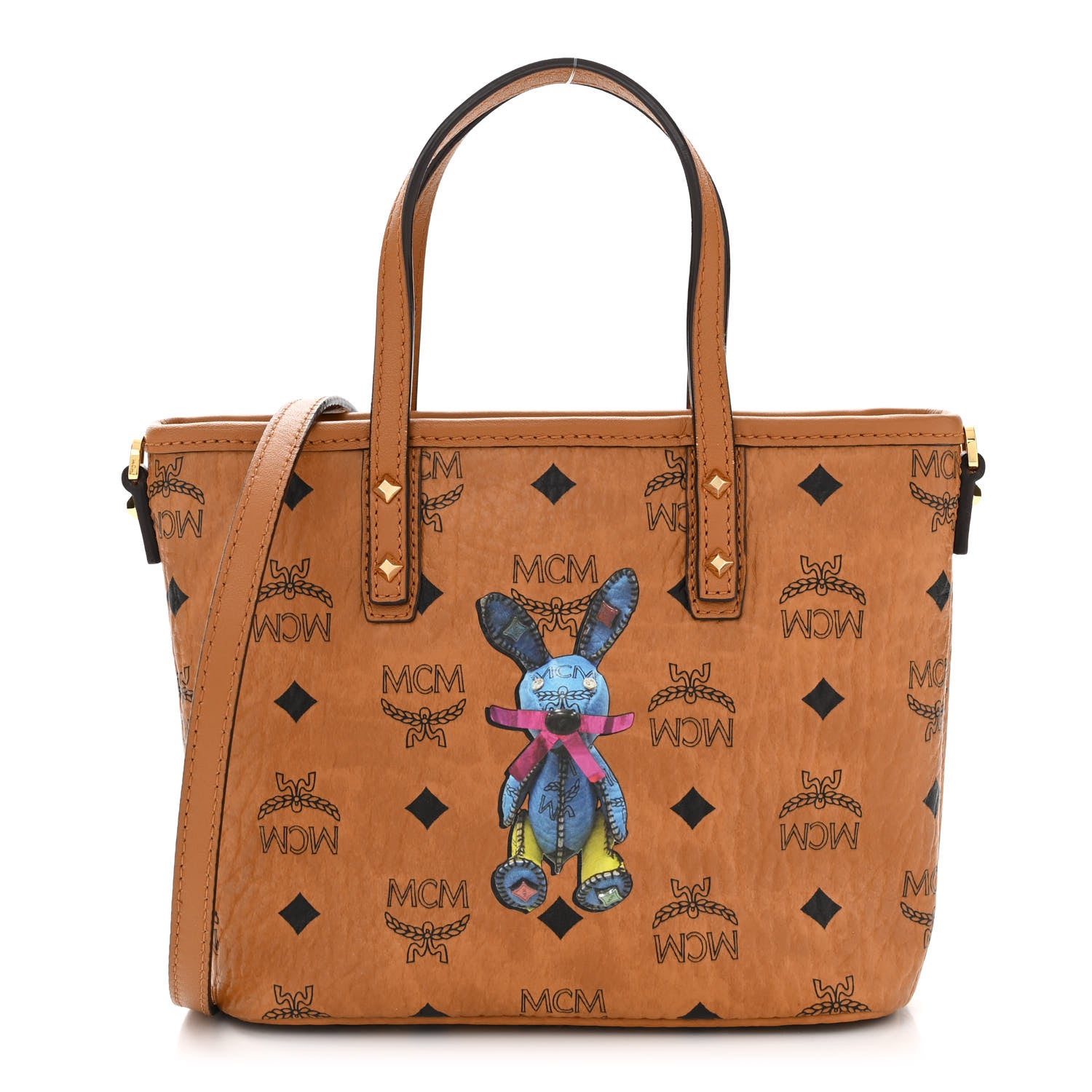 MCM Visetos Rabbit Mini Top Zip Shopper Tote Cognac 1554258