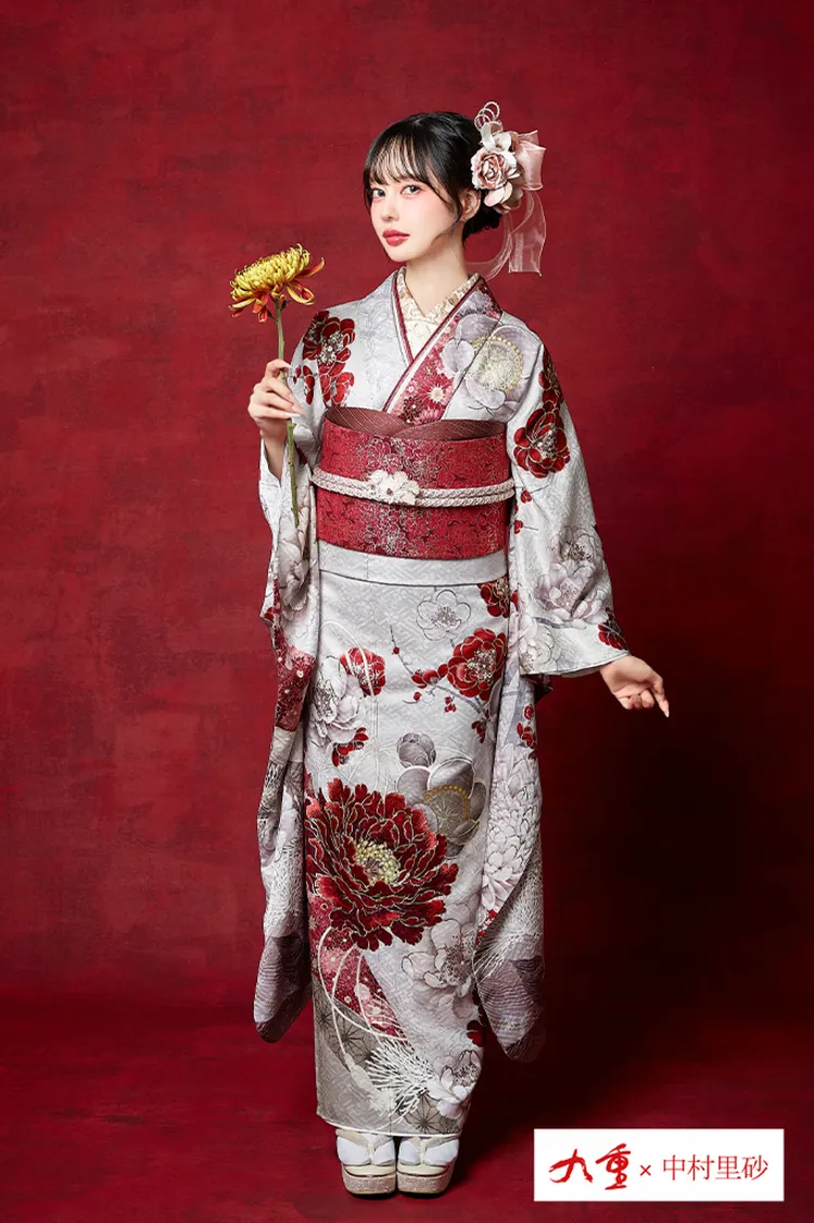 九重×中村里砂ブランド振袖ネットレンタル 白赤 牡丹柄 すっきり