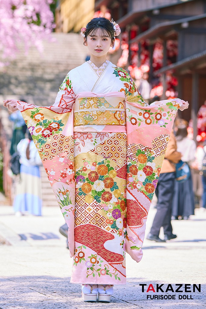 プレミアム古典 吉澤織物/最高級染繍桶絞り友禅 ピンク/白/金 菊柄