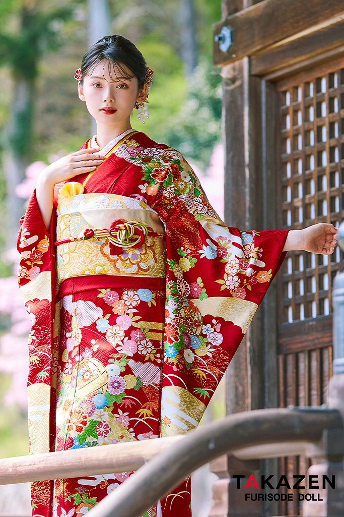 プレミアム古典 赤 吉澤織物/最高級金彩手描友禅 柄小さめ 清楚 南琴奈