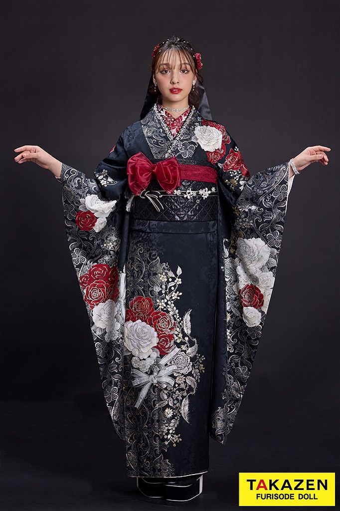 ヘップバーンローズ 黒/赤 バラ柄/リボン柄 エレガントな振袖 綺麗