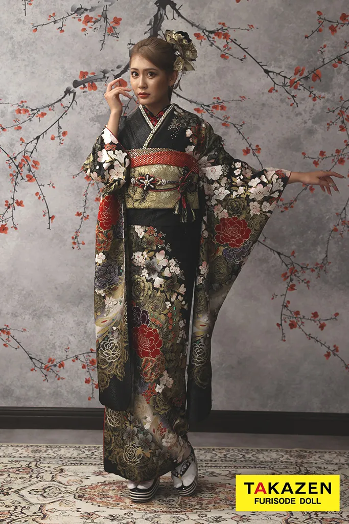 安い！大人モード 黒/ゴールド(金色) 牡丹柄 系花魁風 派手 目立つ