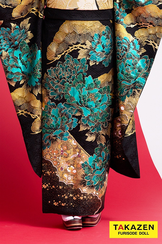 ジャパンモード 黒/金/緑 牡丹柄/和柄 渋い いかつい 豪華振袖