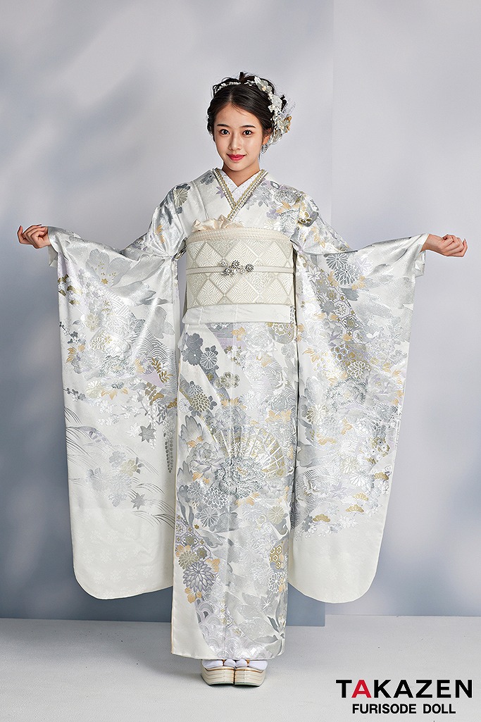 最高級古典柄振袖 関芳/最高級金彩刺繍友禅 白/シルバー 扇面 キラキラ