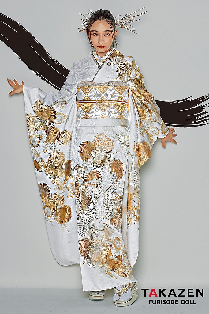 粋古典 白/金/ゴールド 鶴柄/針松 シック かっこいい 大人っぽい 金彩