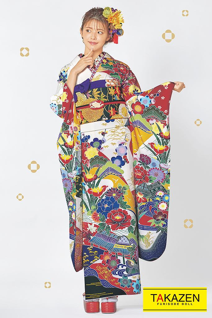 正統派古典 白/赤/からし 京紅型刺繍京友禅 伝統的 正絹振袖ネット