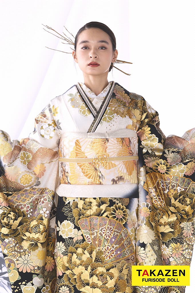 正統派古典 白/黒/ゴールド(金色) 牡丹柄 最高級 エレガント 金彩古典