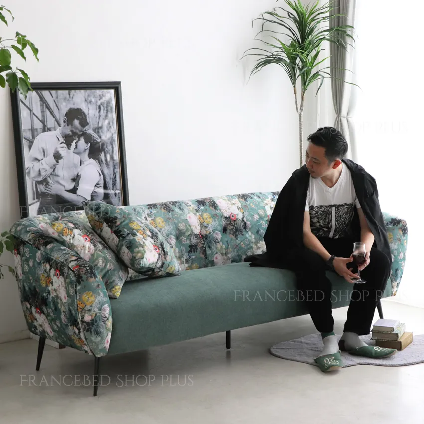 ボタニカルソファ 3人掛け 幅200cm 花柄 高級感 グリーン クッション